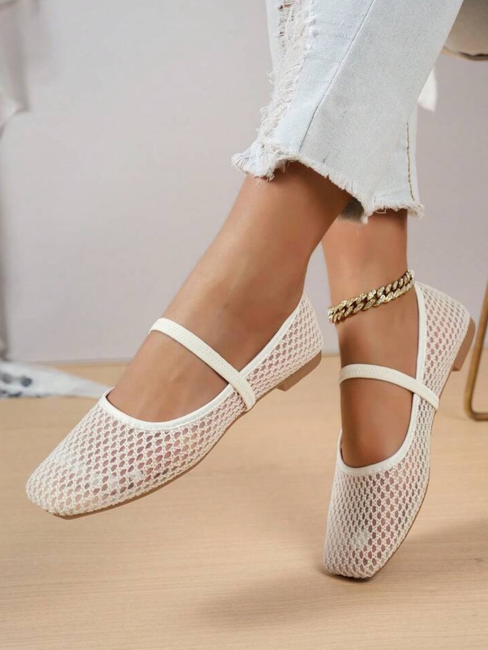 SHEIN Off-White Mesh Mary Jane Flats
